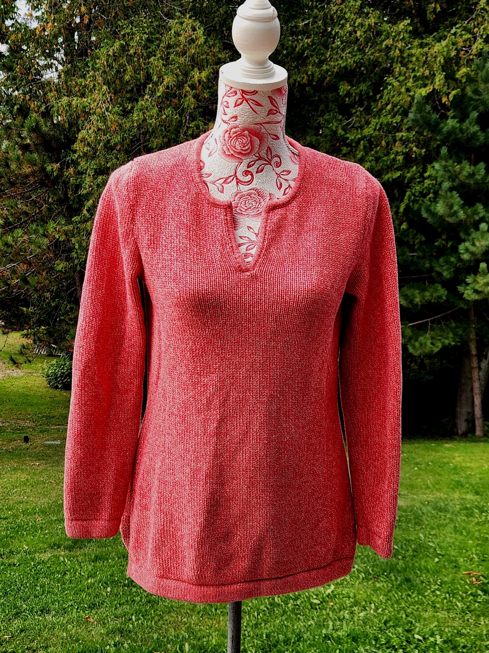 L.L. Bean Coral-Pink V-Neck Split Sweater